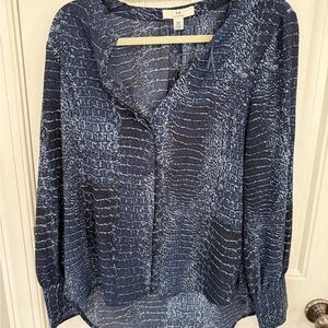 H by Halston Blue Textured Blouse - Navy tonal snake pattern w/ hidden buttons